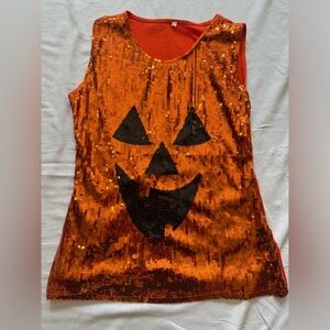 Sequin Pumpkin Face Jack-O-lantern Halloween Tank Top